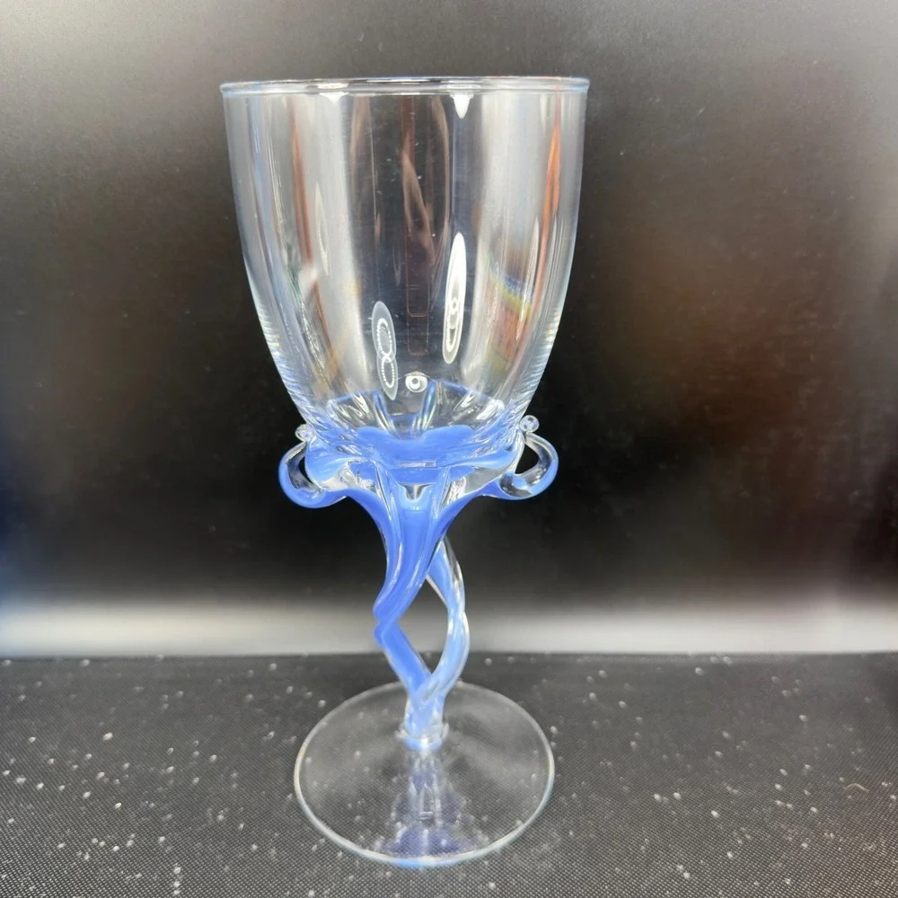 Josefina Krosno Goblet Periwinkle Blue Twisted Stem Scrolled Hand Blown Glass